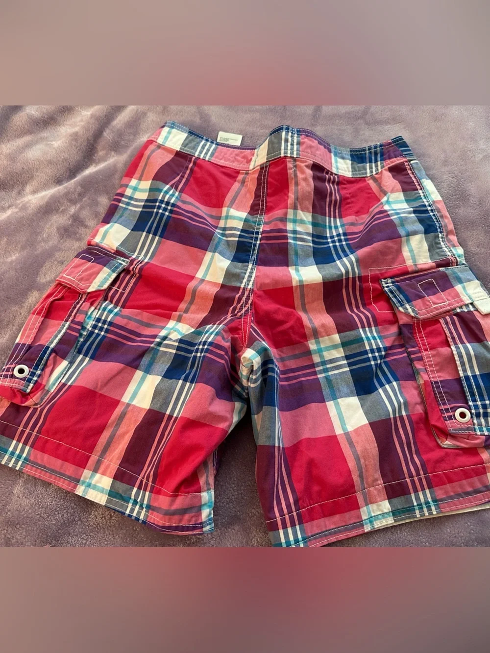 Hollister Red and Blue Plaid Cargo Swim Shorts
